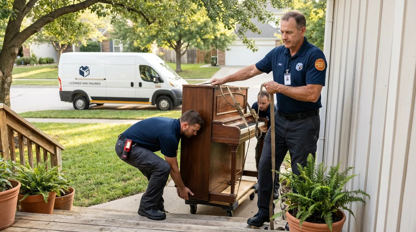Licensed piano movers securing grand piano in Sherwood, OH