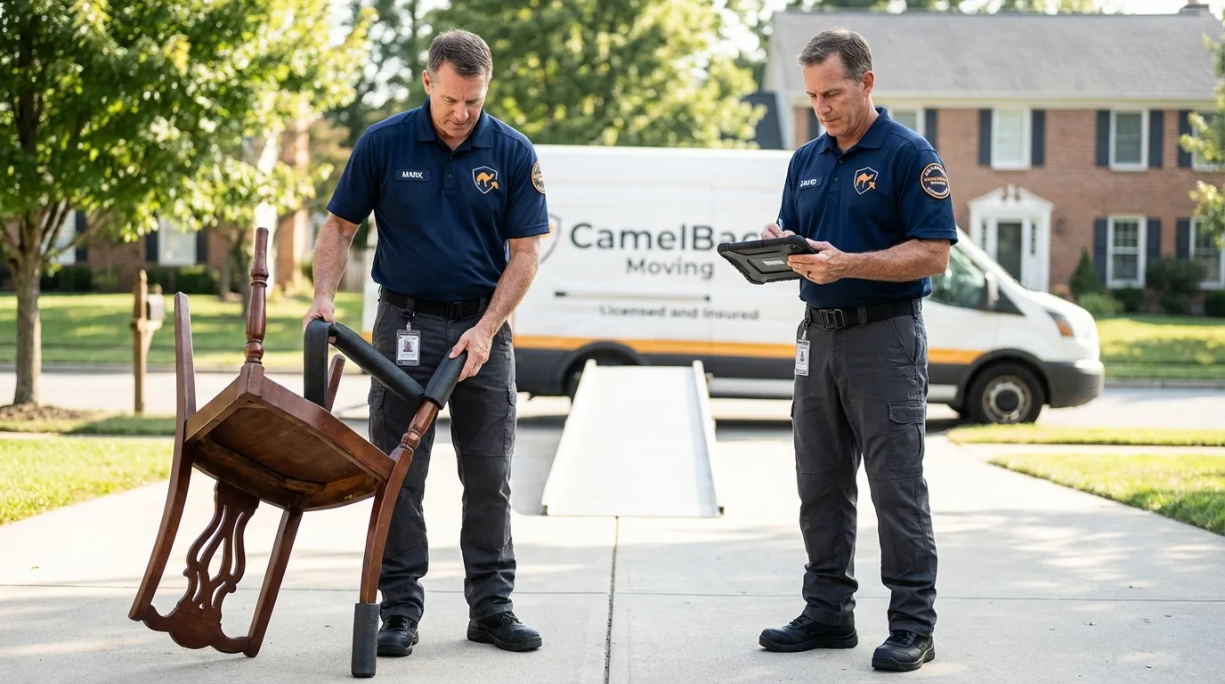 Movers inspecting furniture for damage prevention before loading in Sherwood, OH