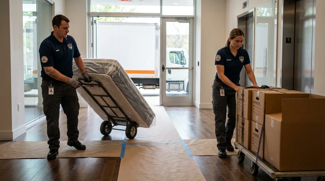 Professional apartment movers loading elevator in Sherwood, OH