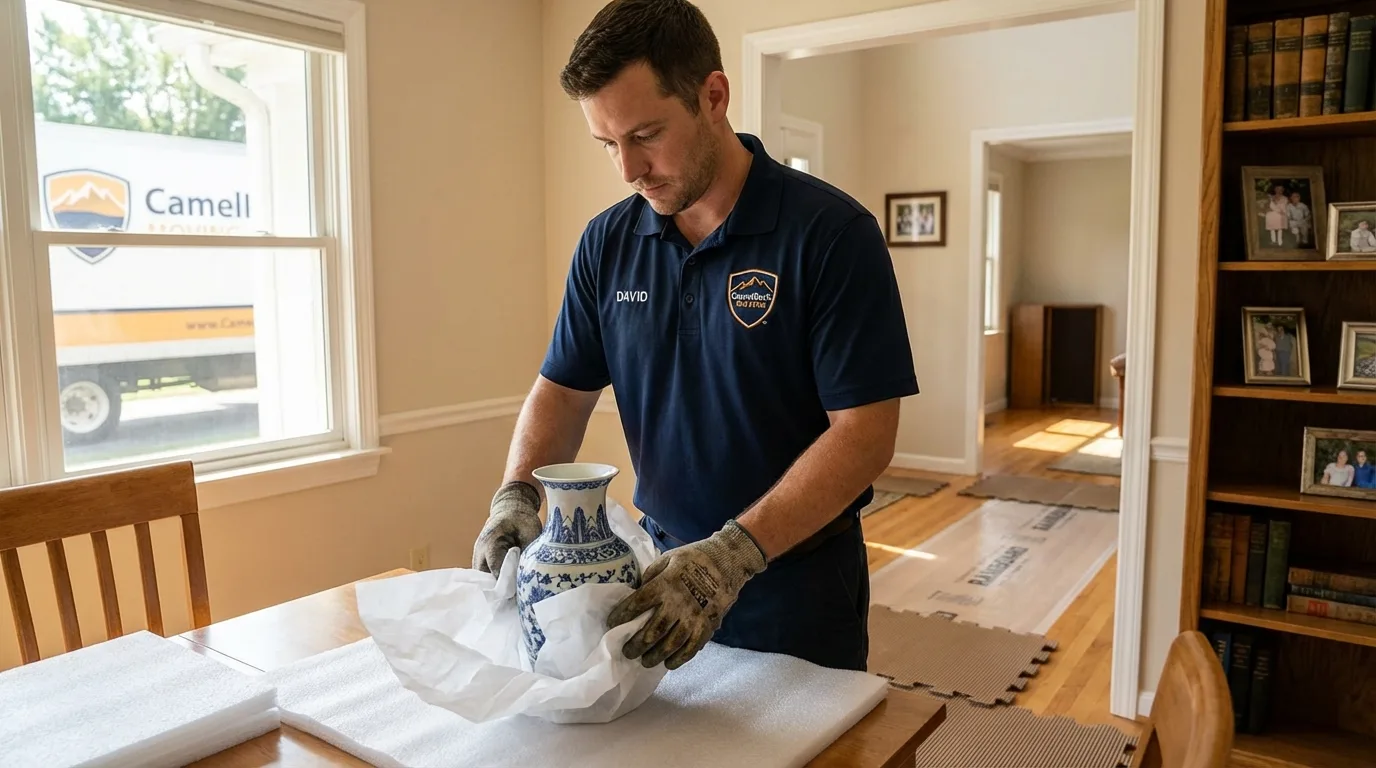 Professional crew carefully wrapping antique vase for senior downsizing move in Sherwood, OH